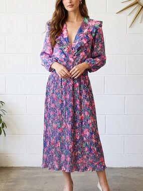 Vintage Susan Freis Floral Pleated Midi Dress